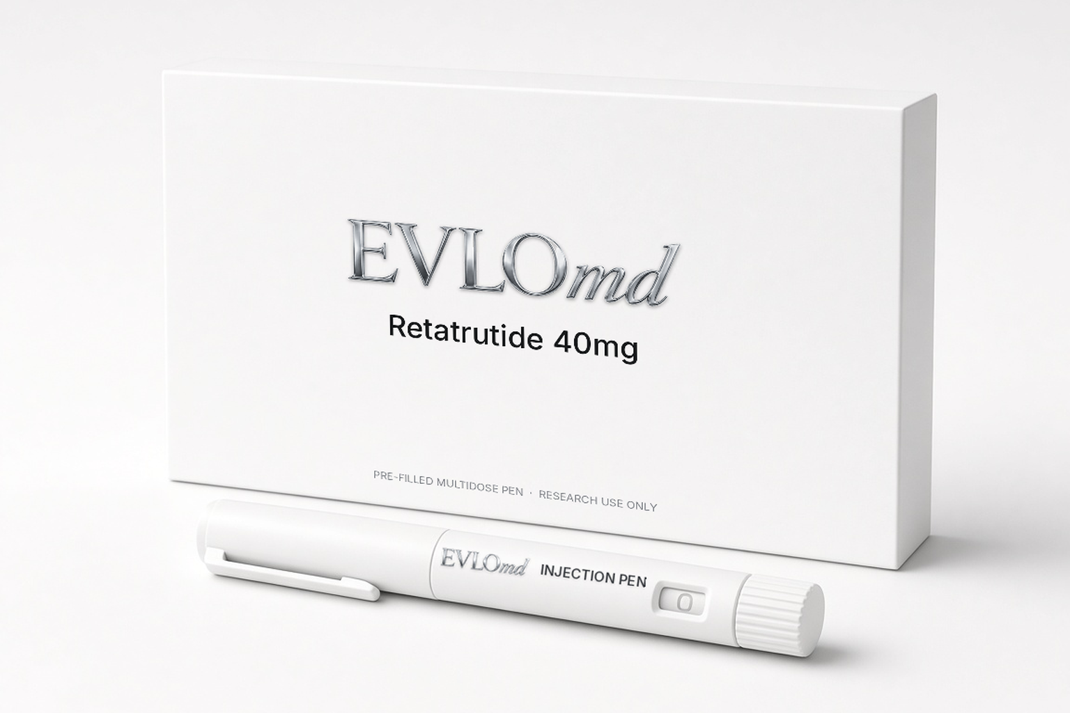 EVLOmd Retatrutide 40mg pack and pre-filled pen.