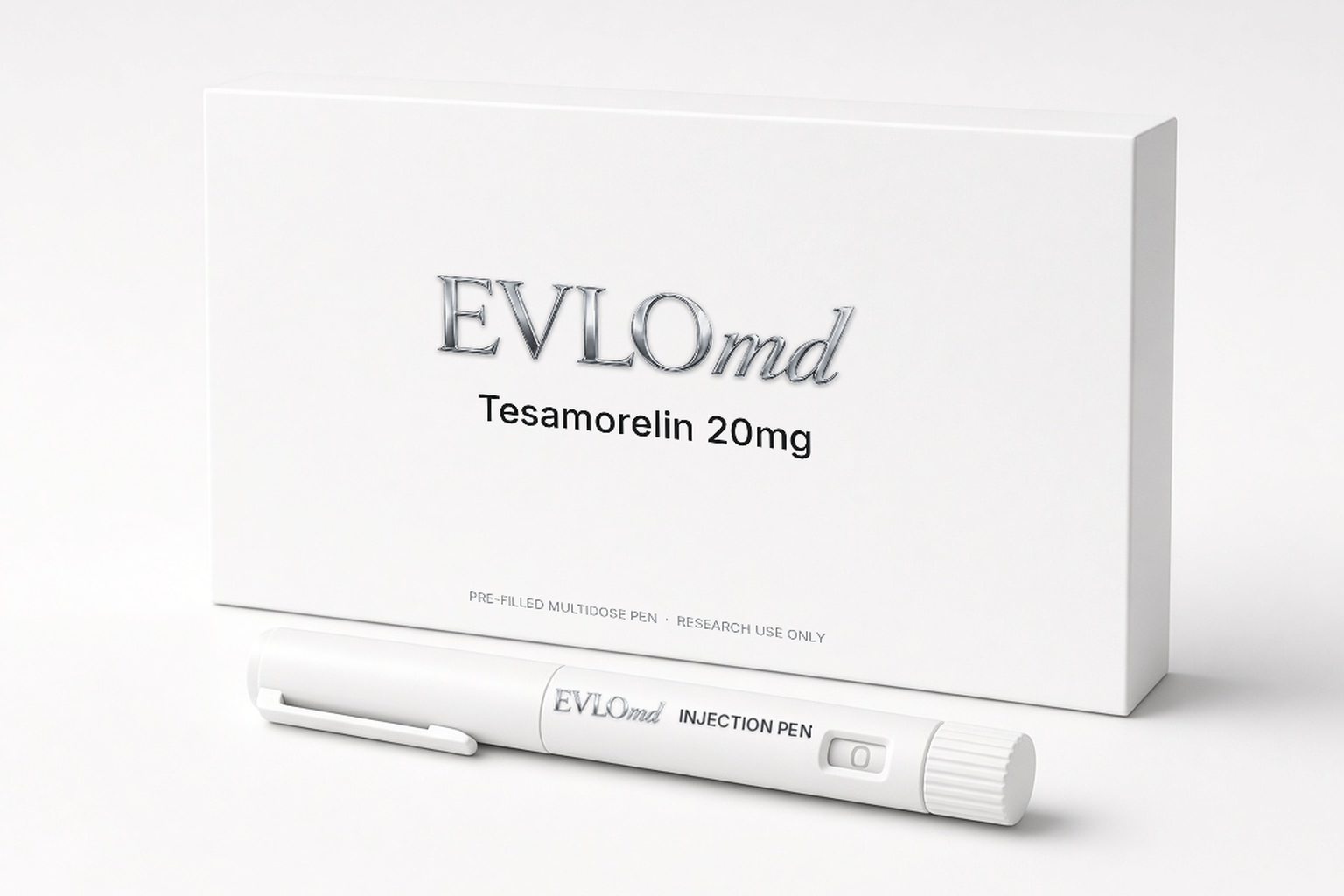 EVLOmd Tesamorelin 20mg pack and pre-filled pen.